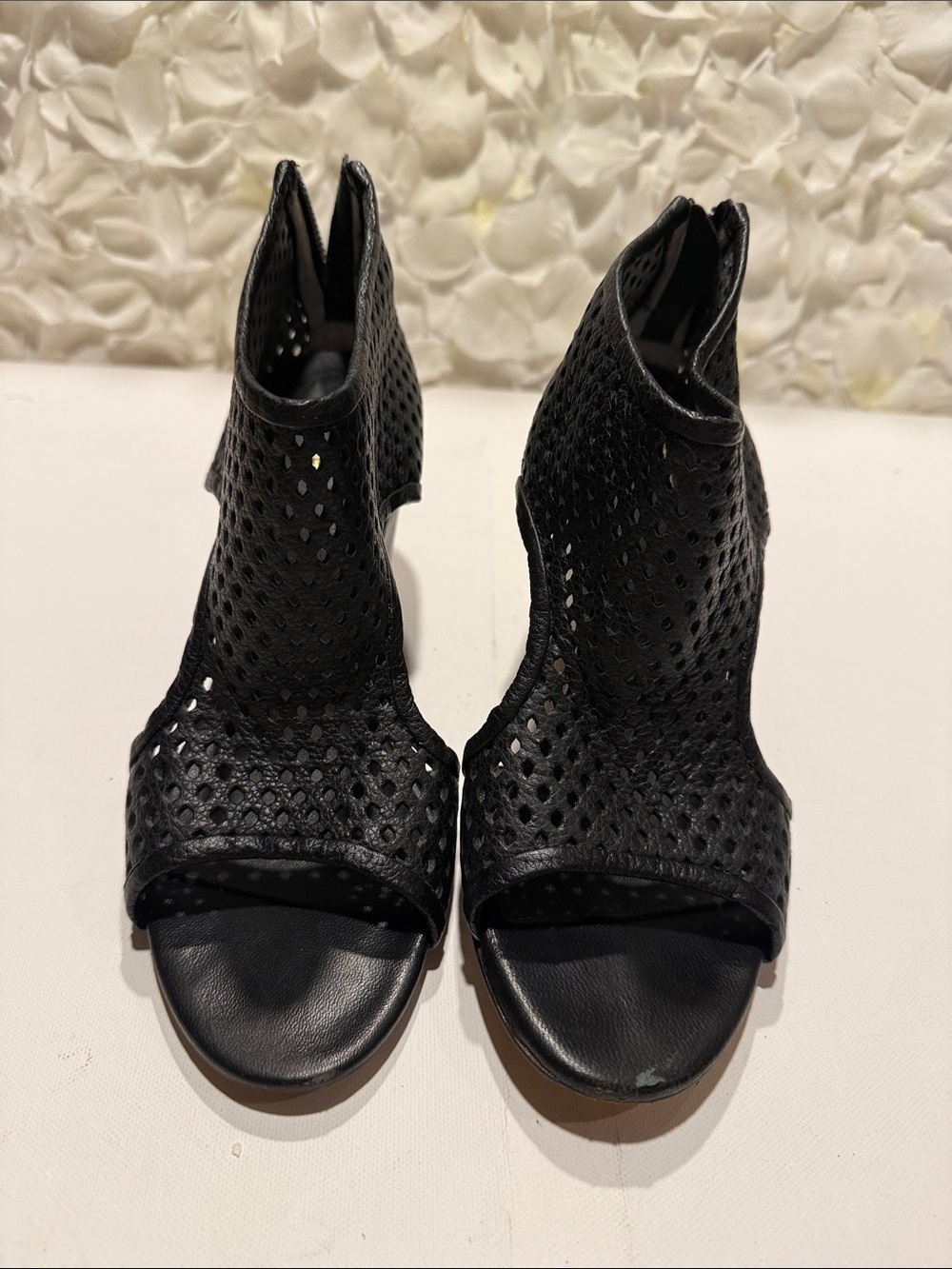 Women's Black Perforated Open-Toe Heels